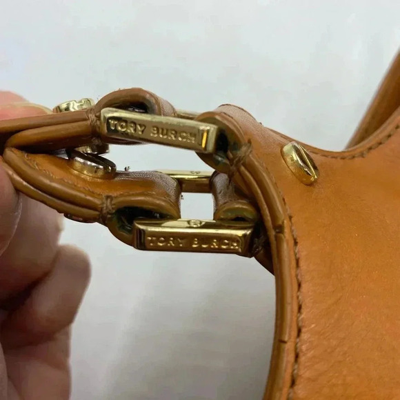 Vintage Tory Burch Bombe Glazed Leather Handbag Zip Top Tote in Luggage tan - Picture 12 of 12